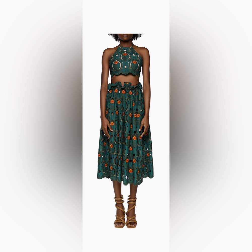 Agua Bendita “Regina” skirt set in embroidered eyelet green Sz S (~$2100 value)